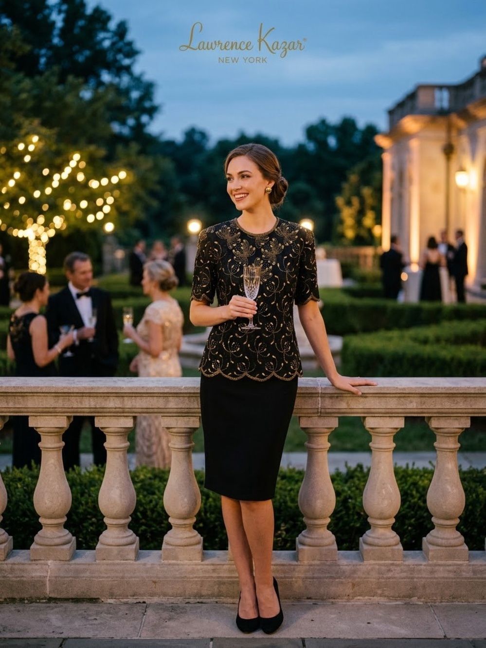 Laurence Kazar Black with Gold Sequin Embellished Top Blouse